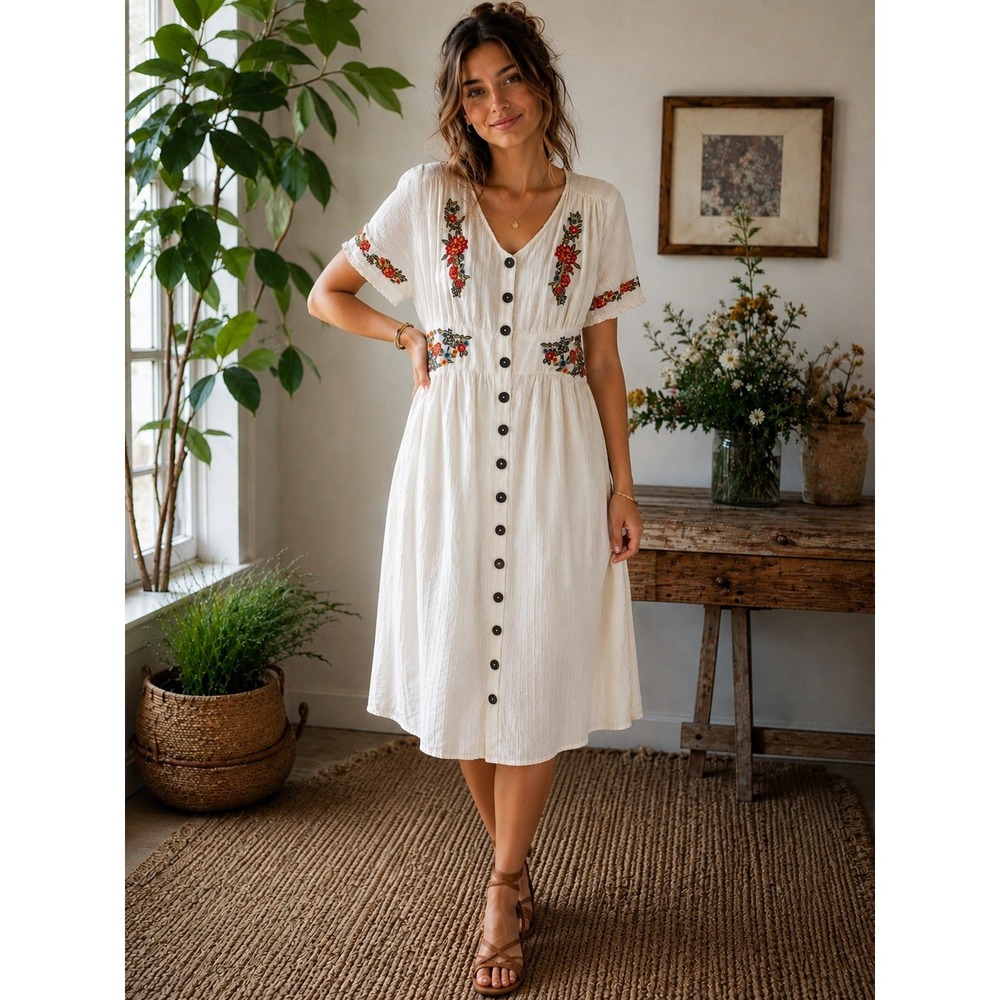 Boho Floral Embroidered Button Down Midi Dress Cream V-Neck Short Sleeve L